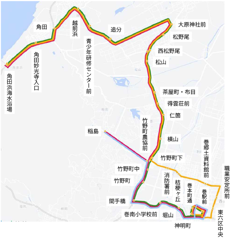 巻駅前～角田浜海水浴場　運行系統図